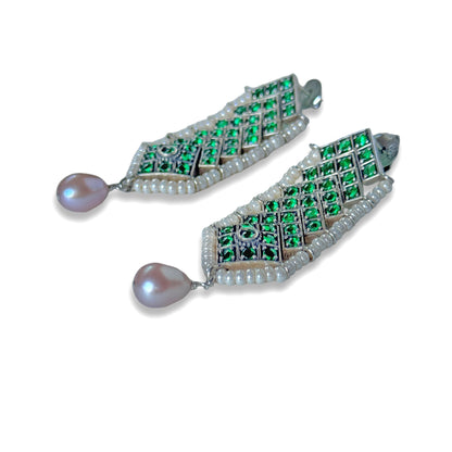 Pair of silver and green lattice post earrings with drop pearl.