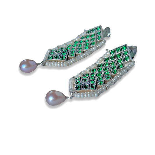 Pair of silver and green lattice post earrings with drop pearl.