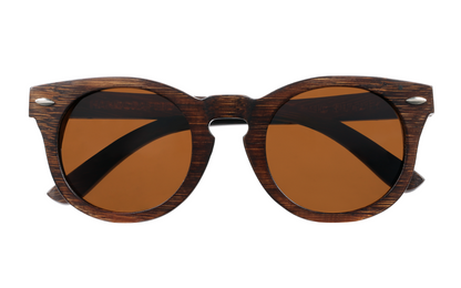 Front view of dark brown bamboo sunglasses with round amber lenses.