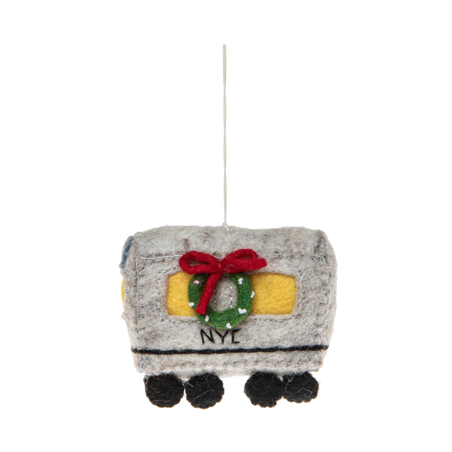 Felt ornament of a New York City subway car with a Christmas wreath on it.