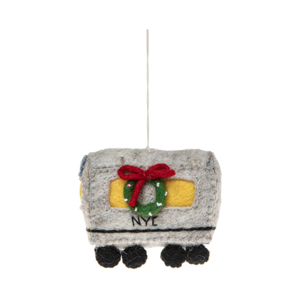 Felt ornament of a New York City subway car with a Christmas wreath on it.