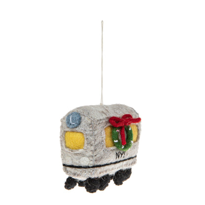 Felt ornament of a New York City subway car with a Christmas wreath on it.