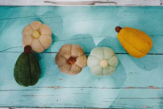 Felt gourds in tan, dark green, light green, orange, and brown on light blue background.
