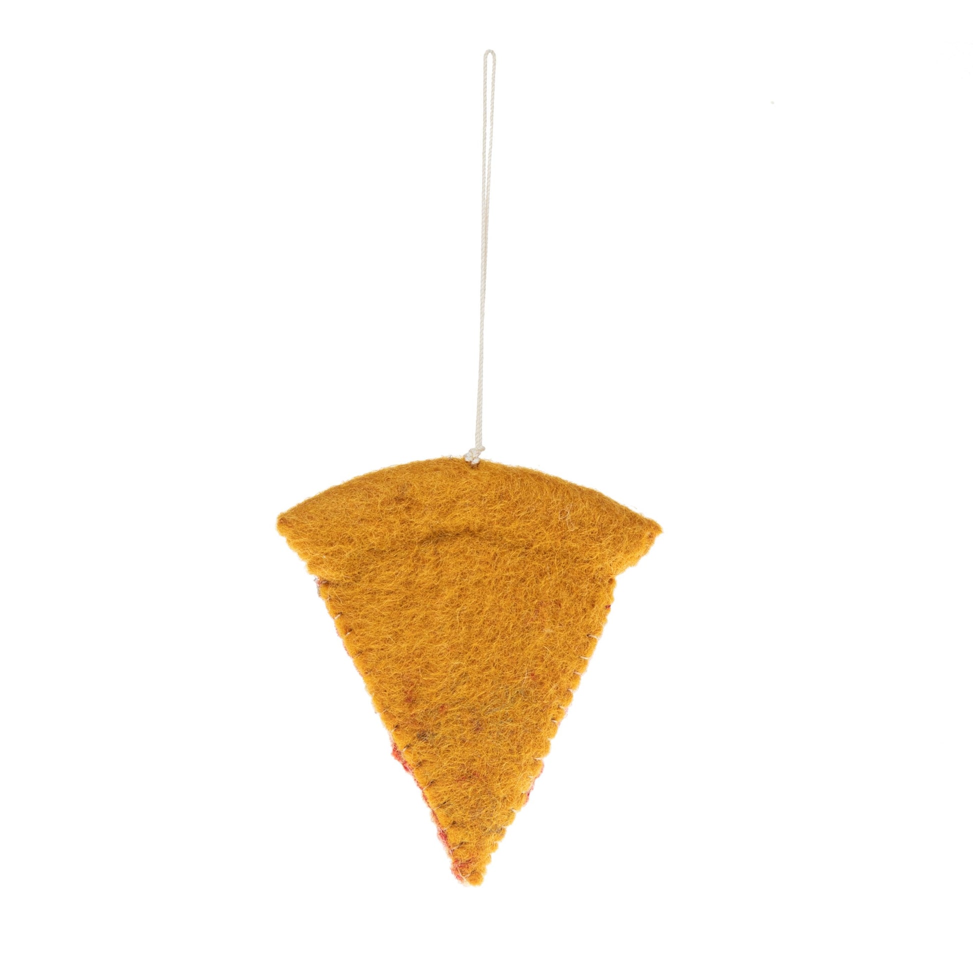 Back view of a felt ornament of a slice of pepperoni pizza.