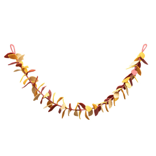 Felt garland of yellow, orange, and red fall leaves.