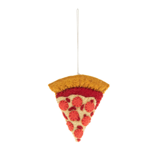 Felt ornament of a slice of pepperoni pizza.