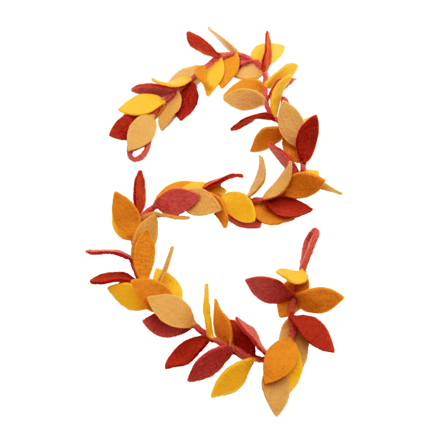 Felt garland of yellow, orange, and red fall leaves.