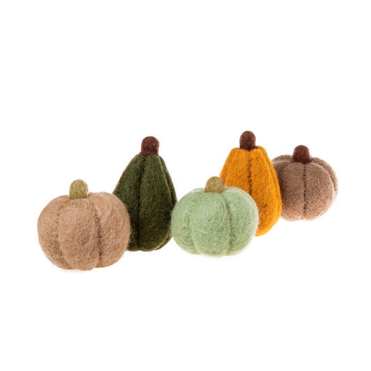 Felt gourds in tan, dark green, light green, orange, and brown.