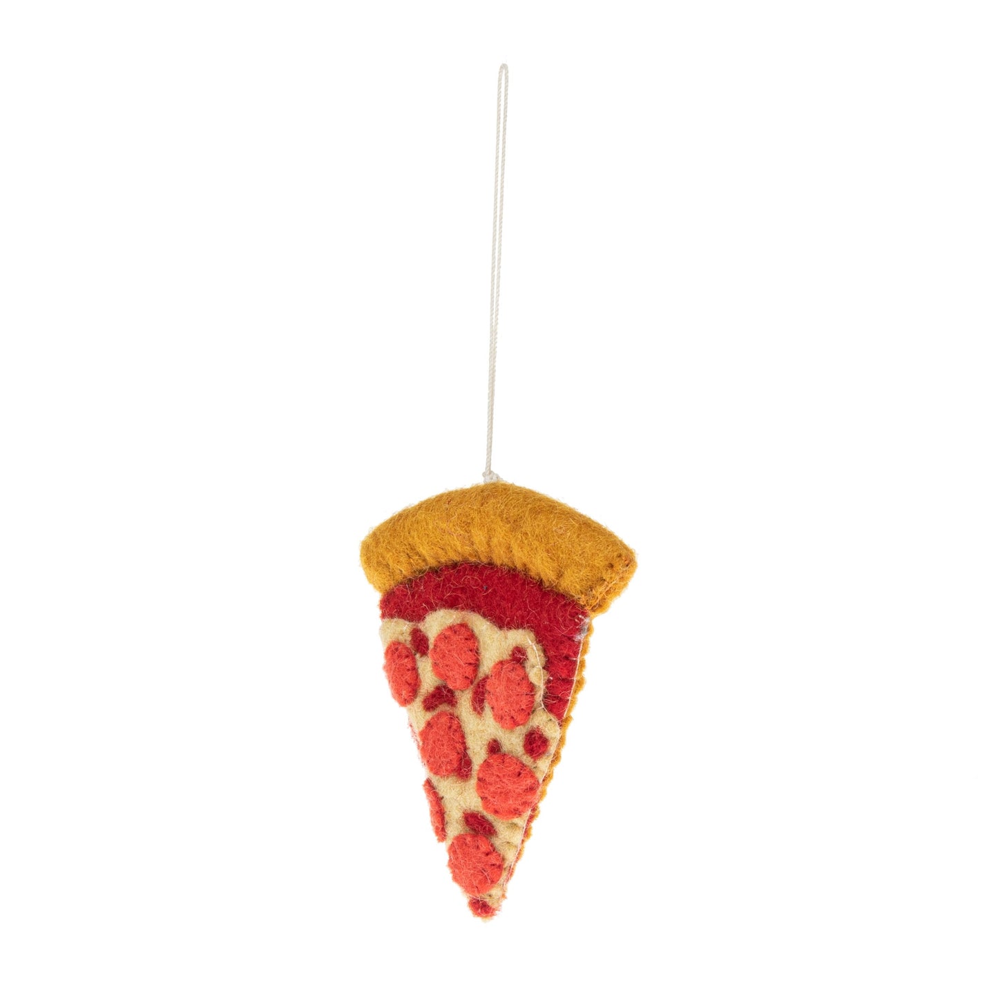 Side view of a felt ornament of a slice of pepperoni pizza.