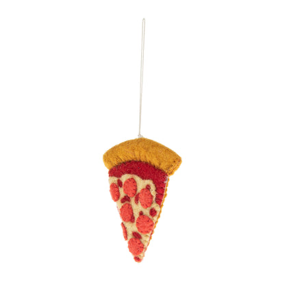 Side view of a felt ornament of a slice of pepperoni pizza.