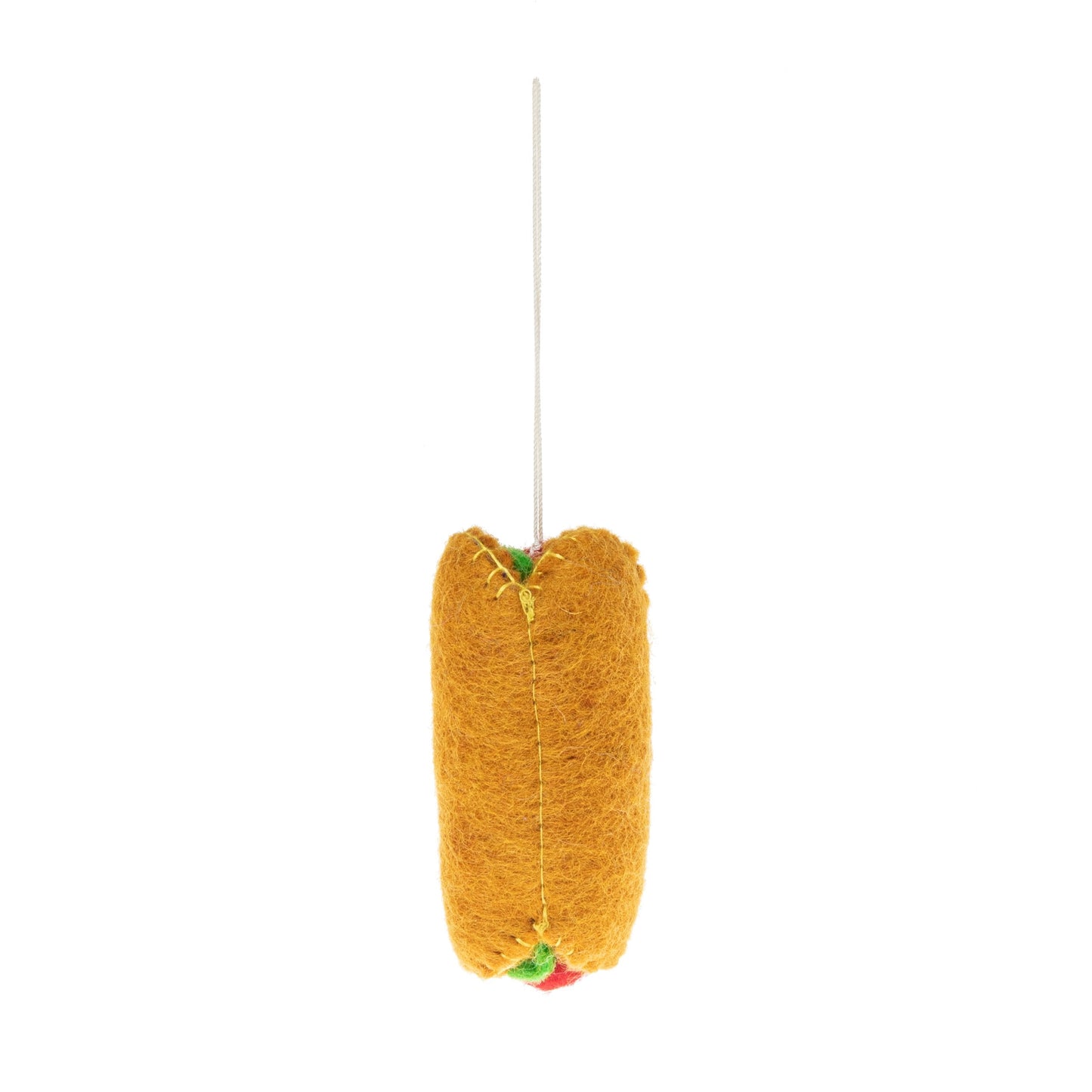 Back view of a felt hot dog ornament.