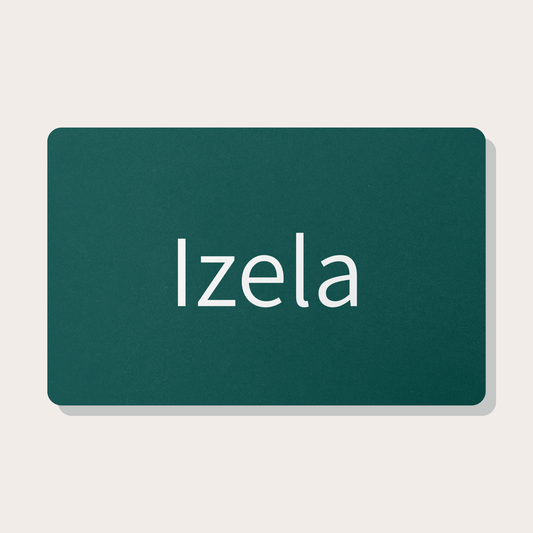 Green gift card with 'Izela' text in white on a tan background