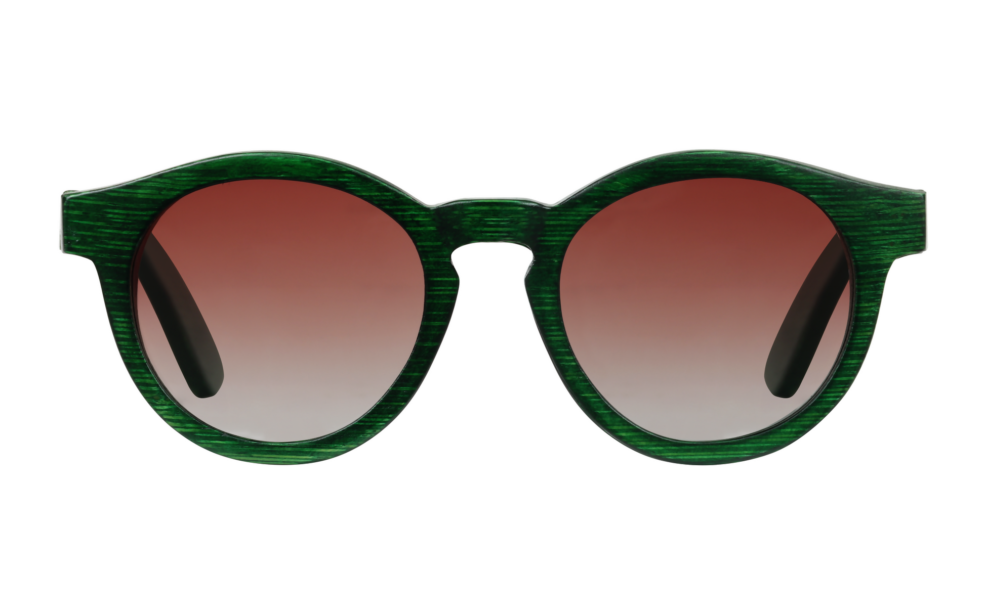 Front view of forest green natural bamboo sunglasses with gradient circular tinted lenses.