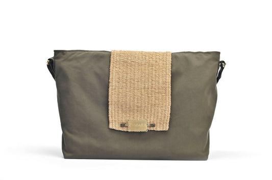 Front view olive green bag with sisal details.
