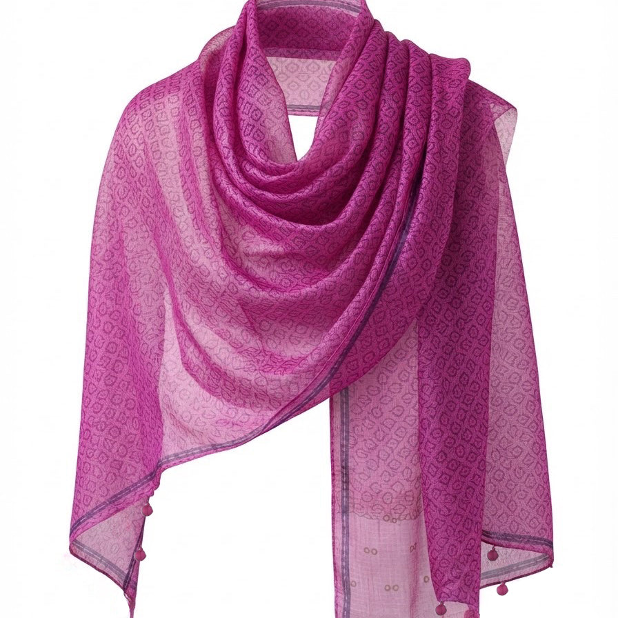 Pink Kota silk scarf in rose magenta with small block-printed floral motifs and hand-knotted marigold and charcoal tassels, hanging on a white background.
