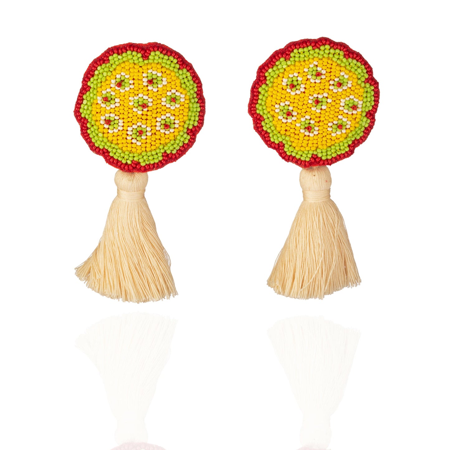 Pair of yellow, green, purple beaded earrings with white tassel.