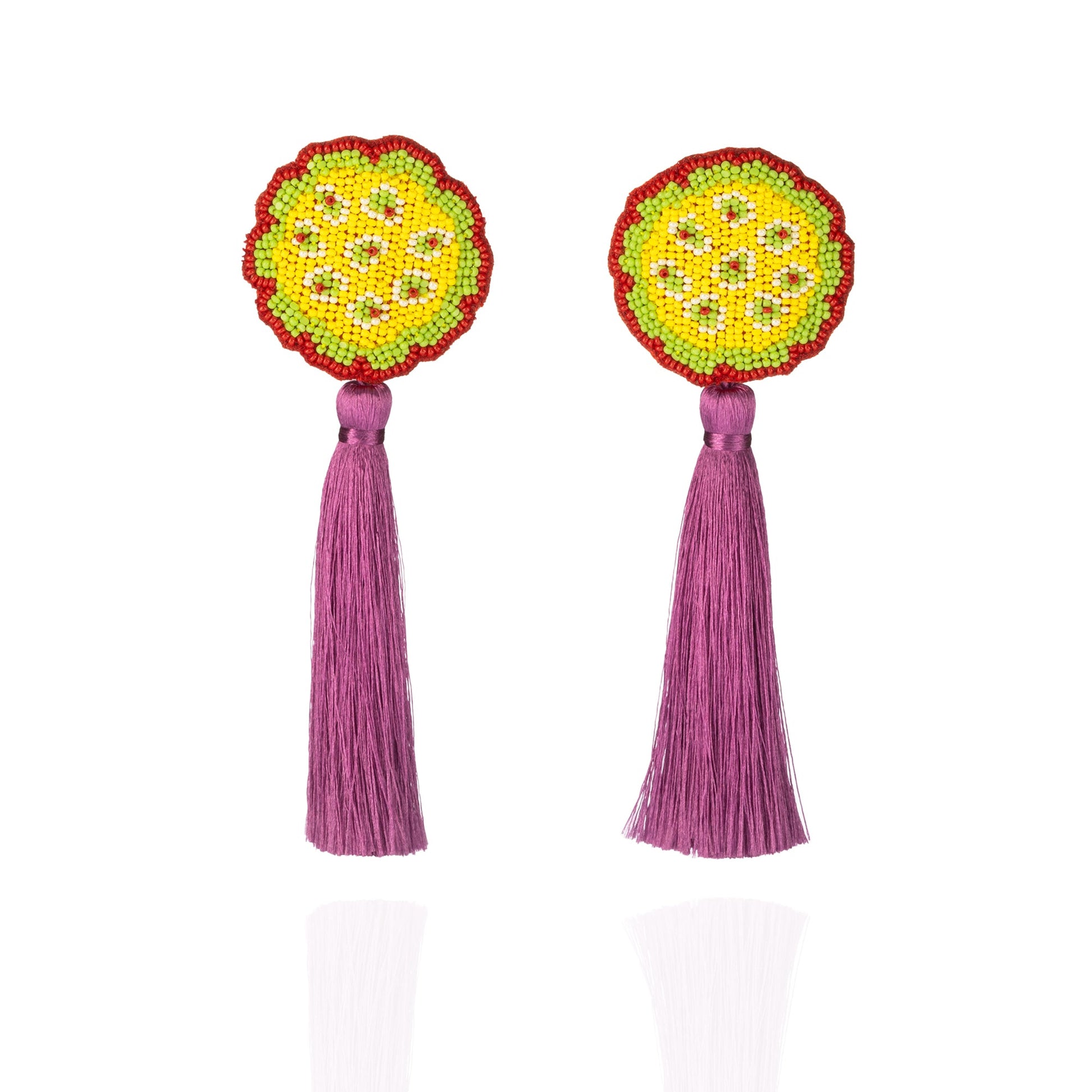 Pair of yellow, green, purple beaded earrings with purple tassel.