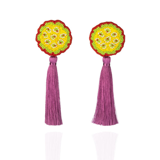 Pair of yellow, green, purple beaded earrings with purple tassel.