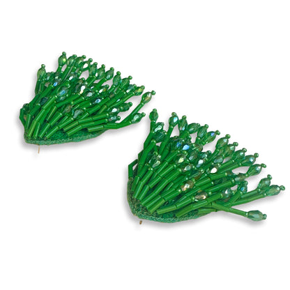 Pair of beaded green glass tassel earrings.