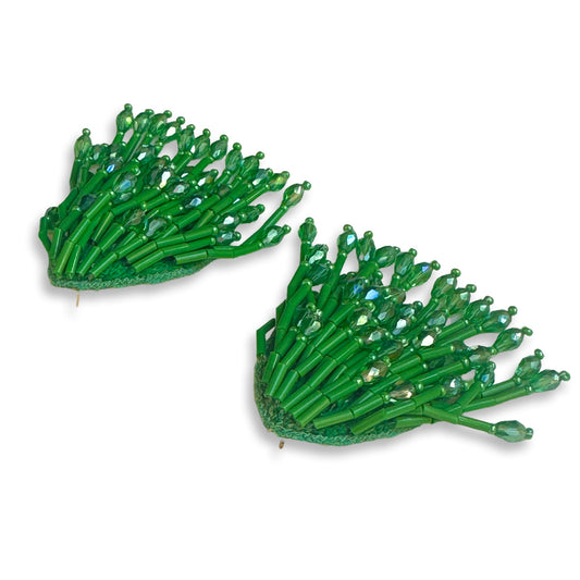 Pair of beaded green glass tassel earrings.