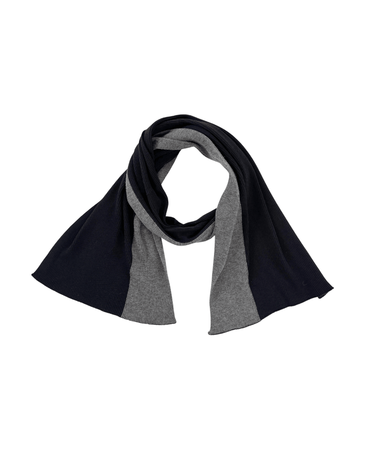 Draped view of modern rib Merino wool scarf in black and grey.