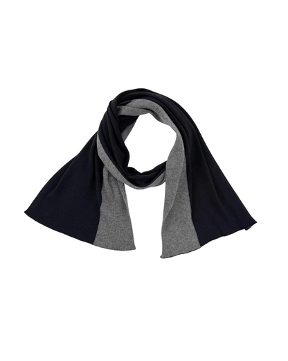 Draped view of modern rib Merino wool scarf in black and grey.