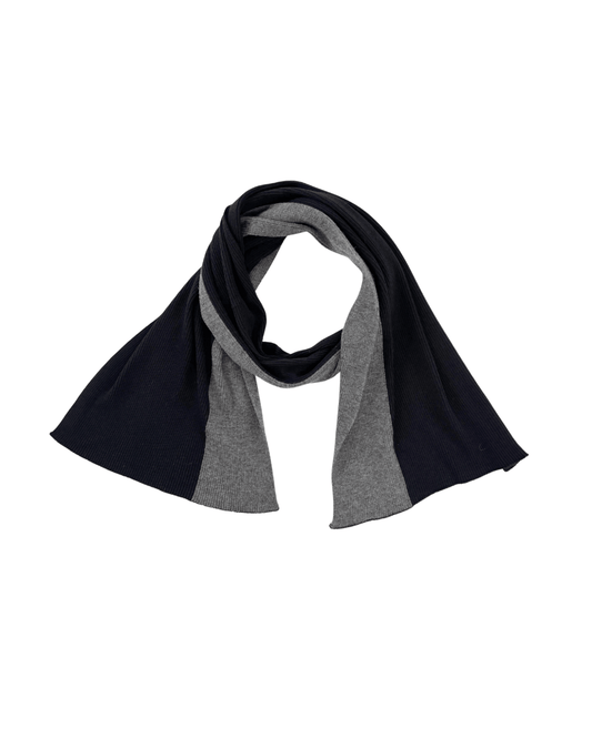 Draped view of modern rib Merino wool scarf in black and grey.