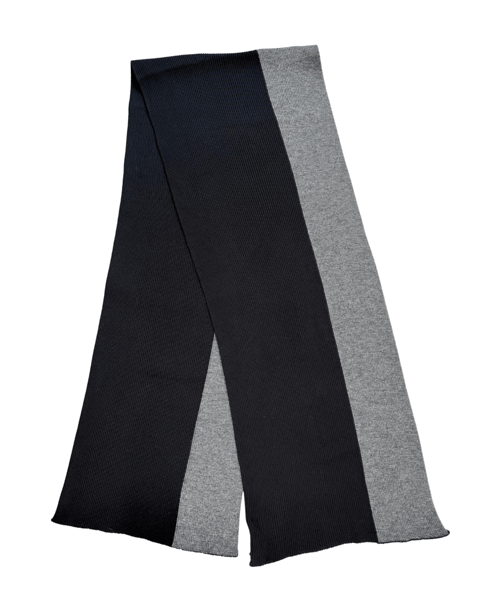 Flat view of modern rib Merino wool scarf in black and grey.