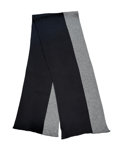 Flat view of modern rib Merino wool scarf in black and grey.