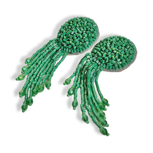 Pair of green glass beaded tassel earrings.