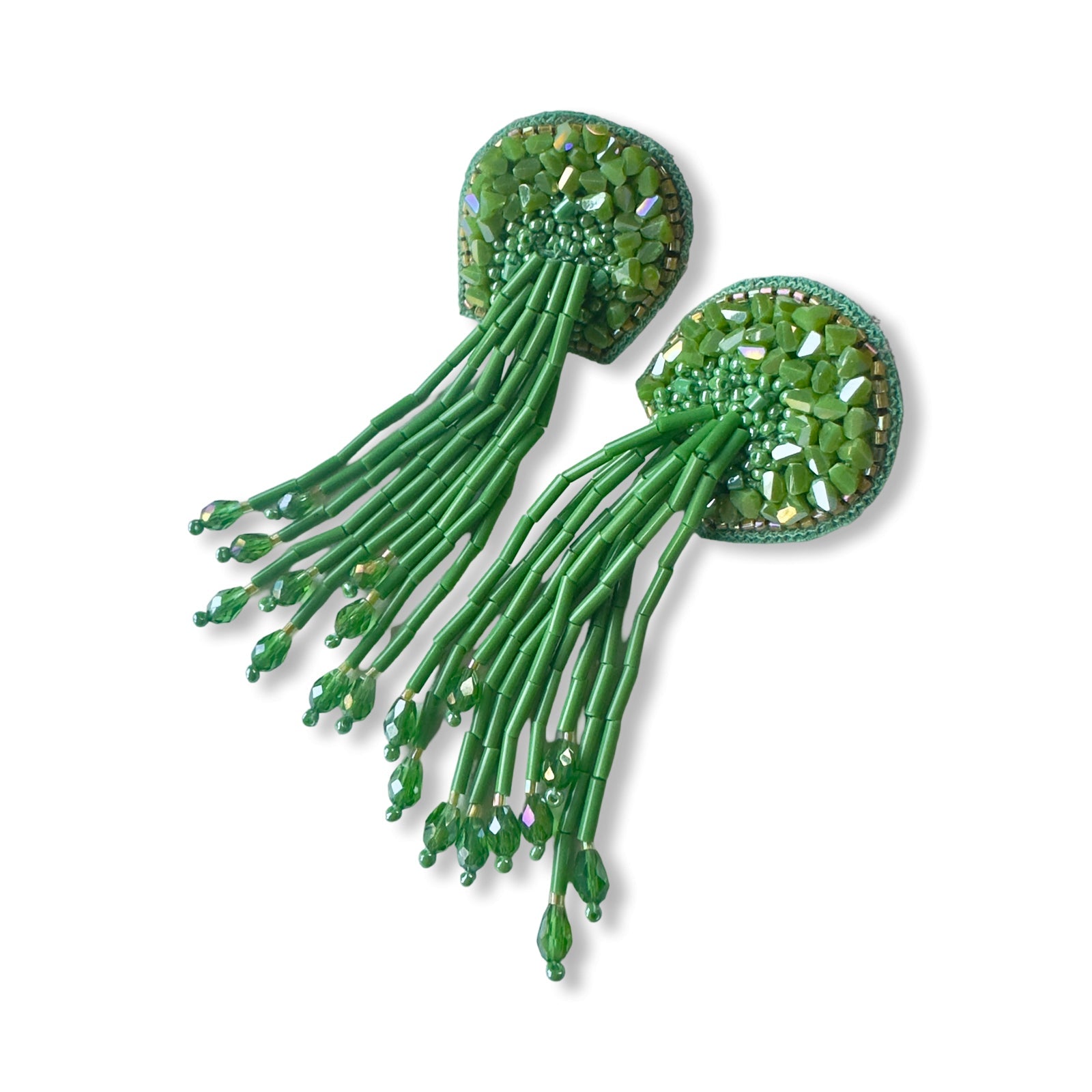 Pair of beaded green glass tassel earrings.