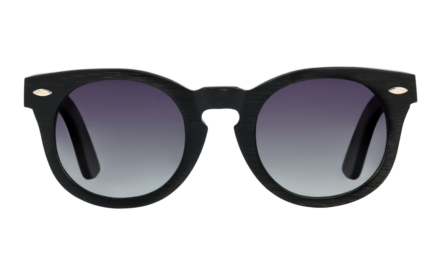 Front view of black bamboo sunglasses with round gradient tinted lenses.