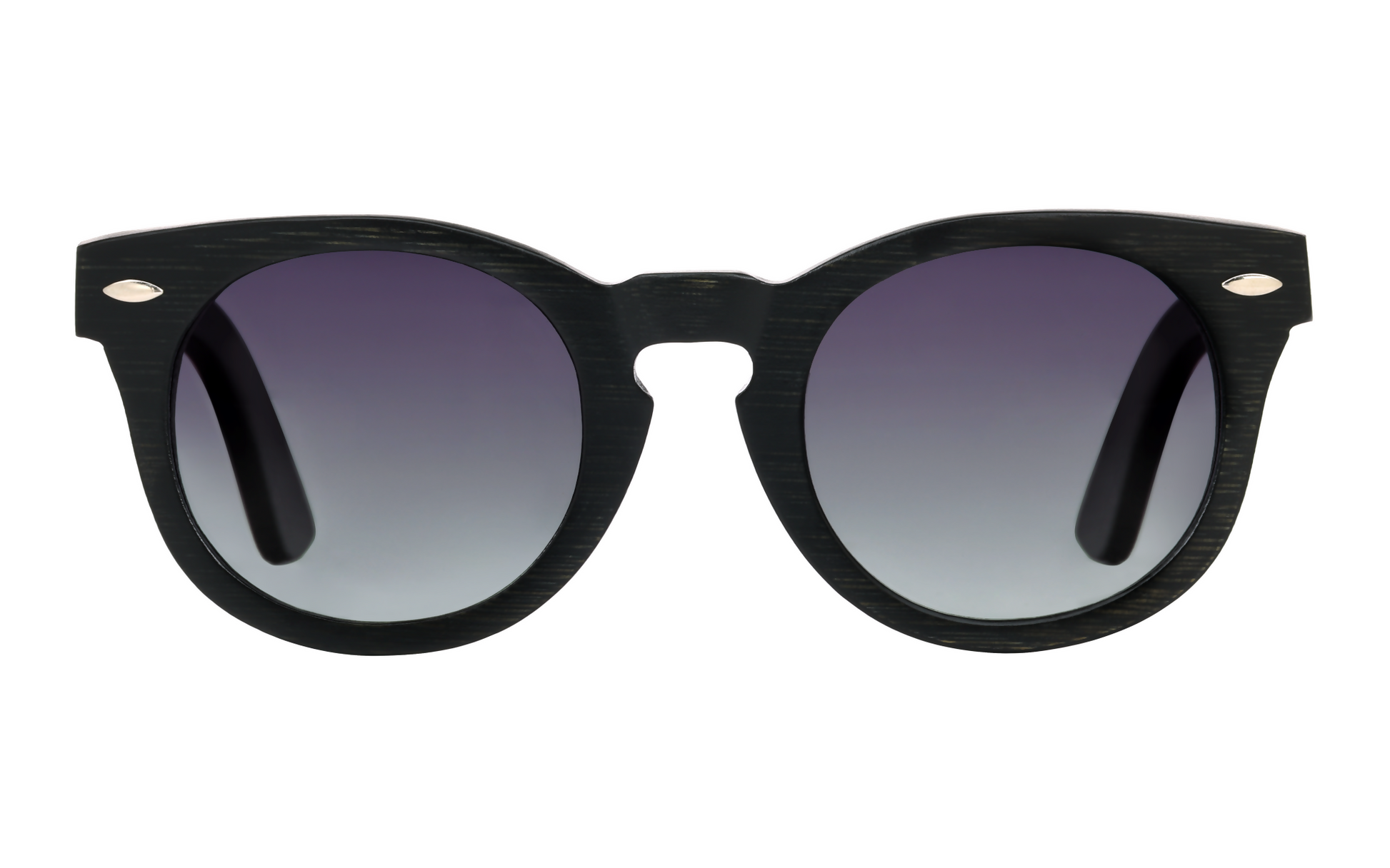 Front view of black bamboo sunglasses with round gradient tinted lenses.