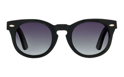 Front view of black bamboo sunglasses with round gradient tinted lenses.