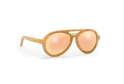 Avion style natural colored bamboo sunglasses with rose gold mirrored lenses.