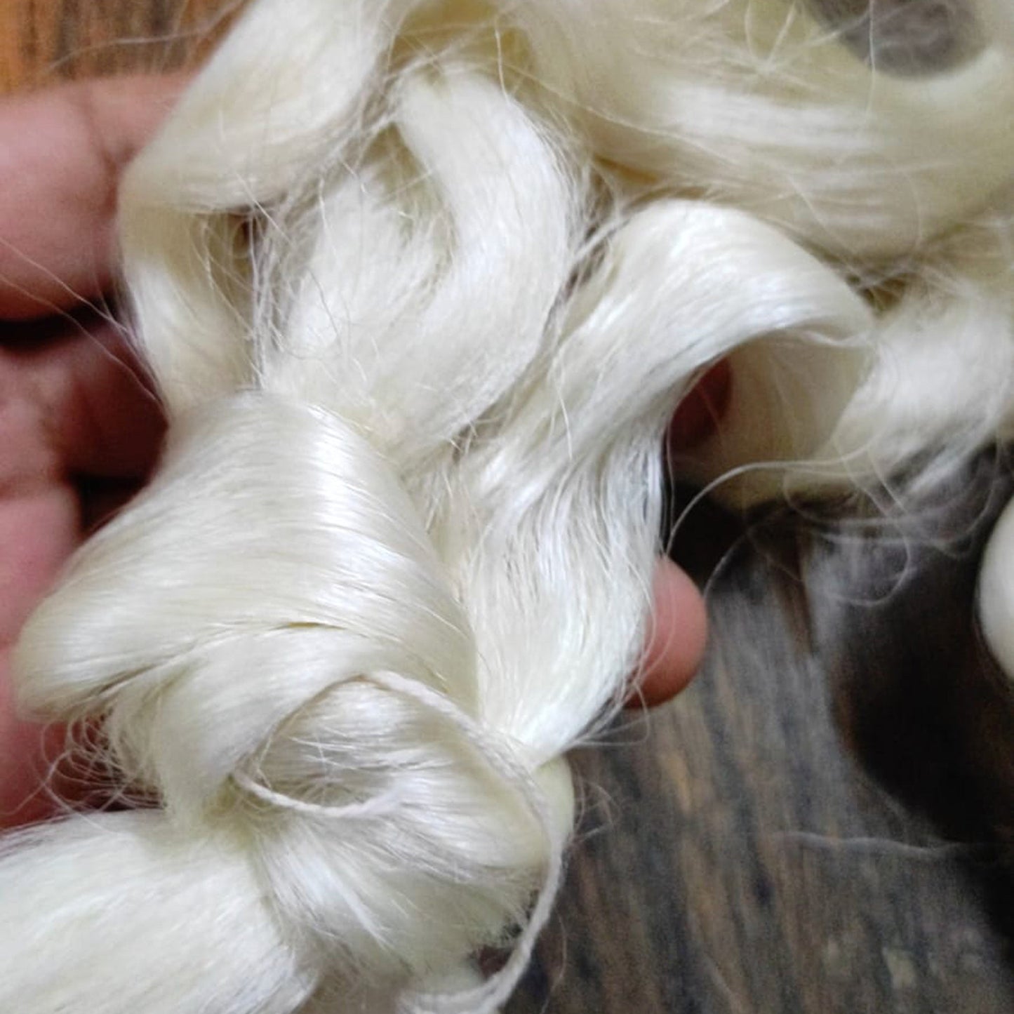 Hand holding pashmina wool.