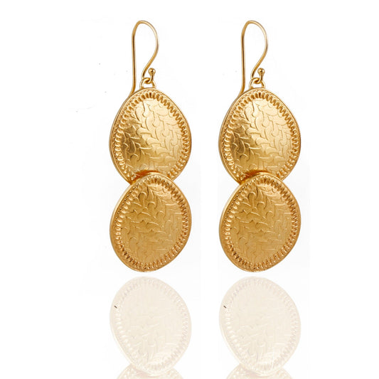 Pair of gold dangle earrings with etched leaf pattern.
