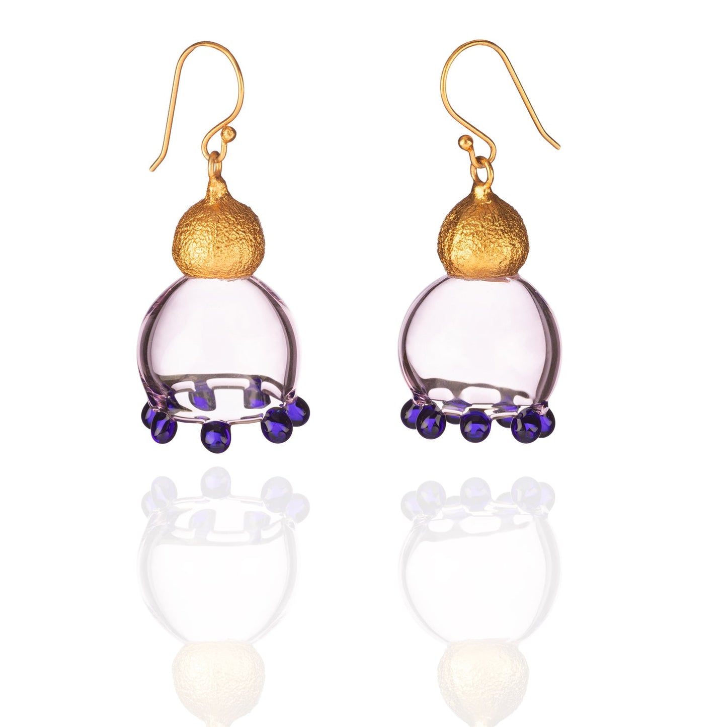 Pair of pale pink glass earrings with purple beads and gold plated findings.