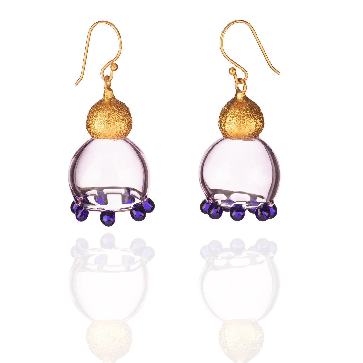 Pair of pale pink glass earrings with purple beads and gold plated findings.