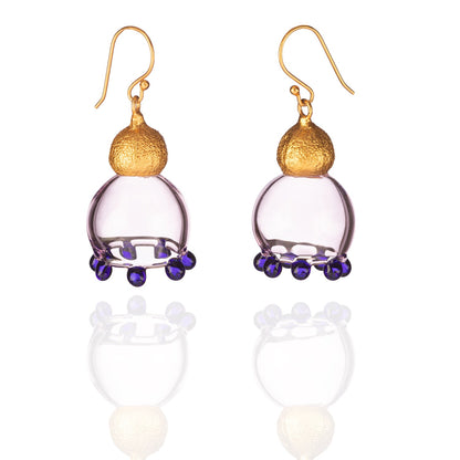 Pair of pale pink glass earrings with purple beads and gold plated findings.
