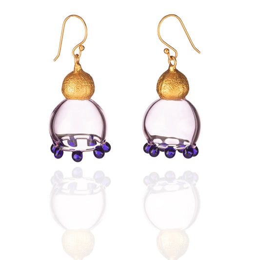 Pair of pale pink glass earrings with purple beads and gold plated findings.