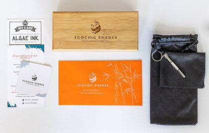 Rectangular bamboo case, soft black pouch, and Ecochic Shades care instructions on a countertop.
