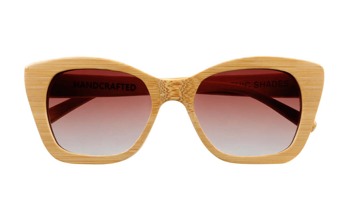 Front view of natural tan bamboo sunglasses with angular design and gradient amber tinted lenses.