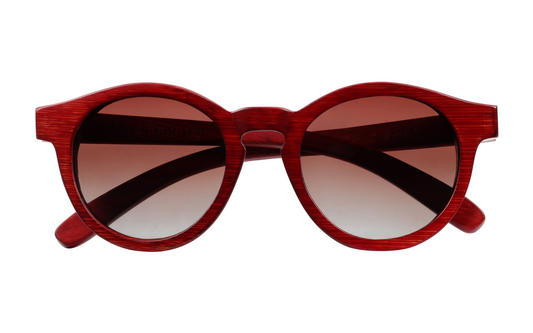 Front view of red natural bamboo sunglasses with gradient circular tinted lenses.