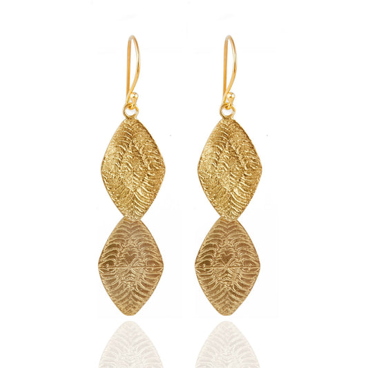 Pair of diamond shaped gold earrings.