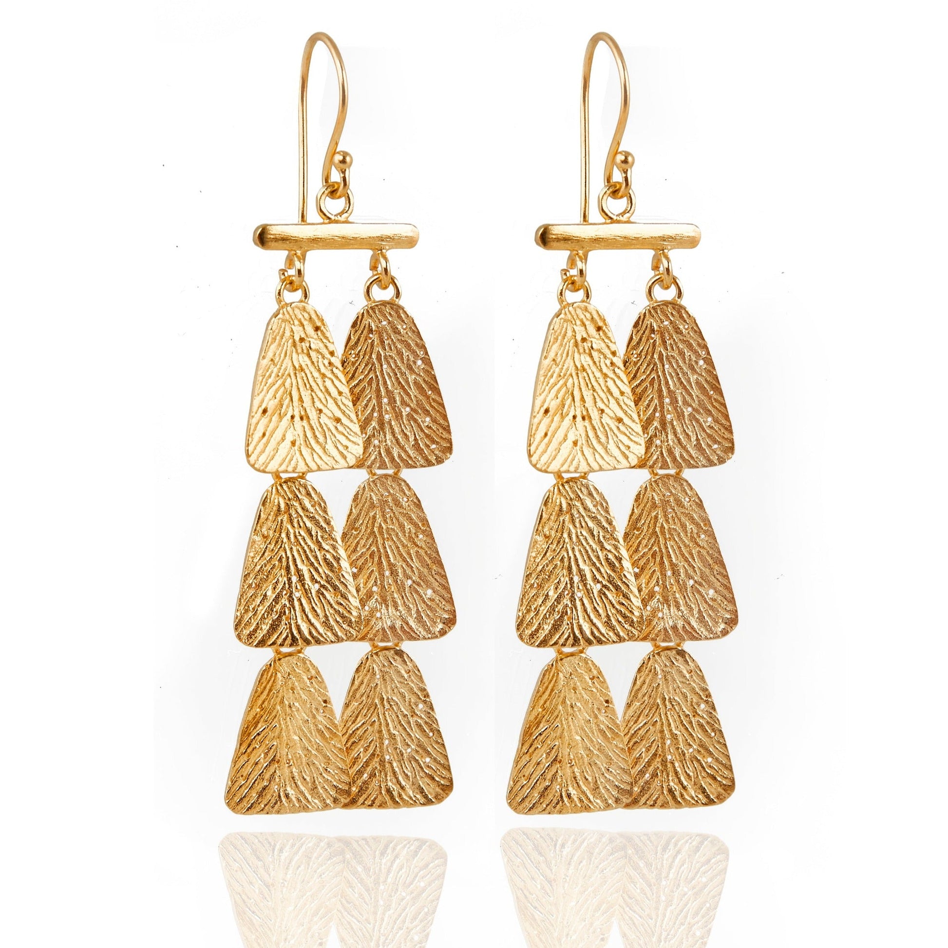 Pair of gold dangle earrings, each with six parts.