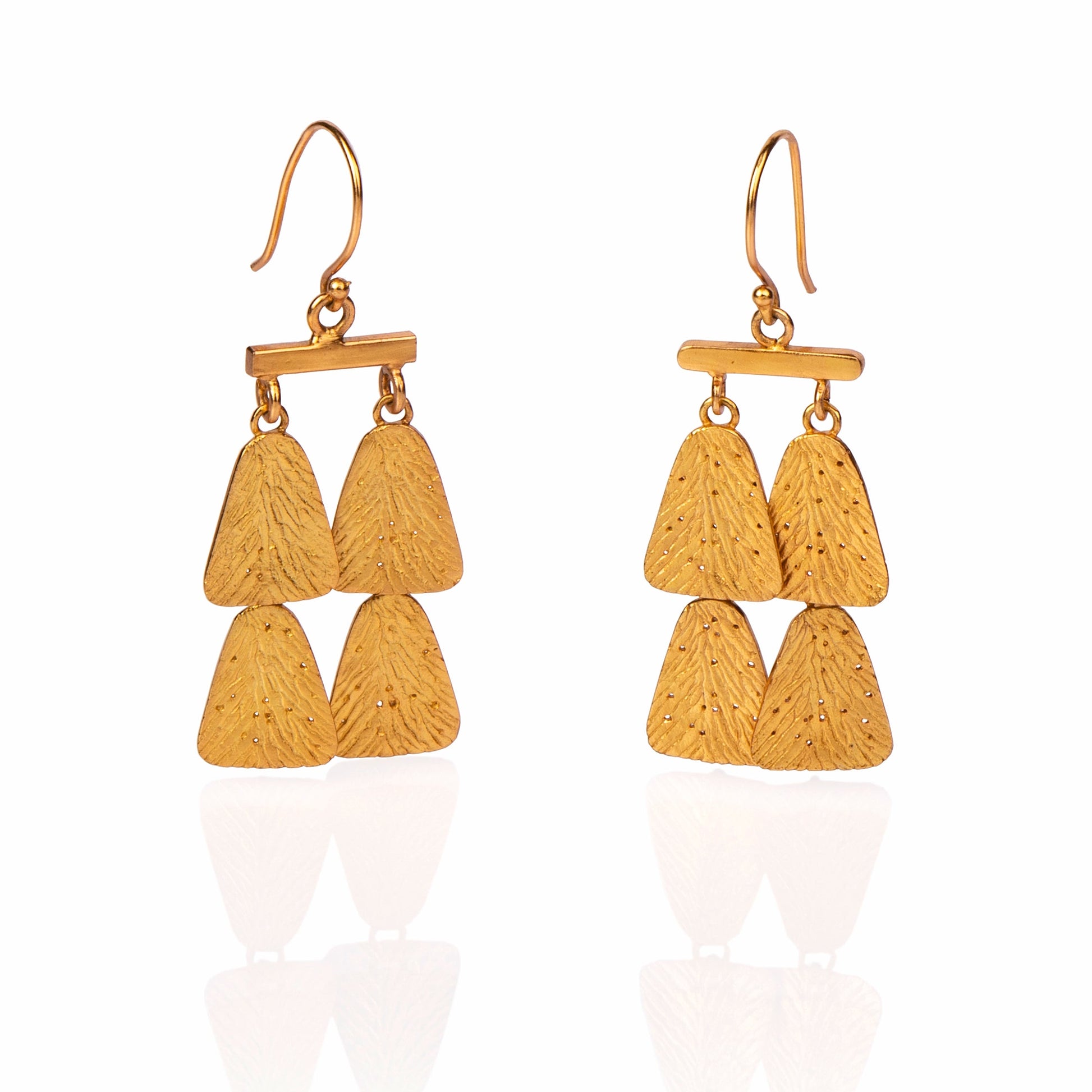 Pair of gold dangle earrings, each with four parts.
