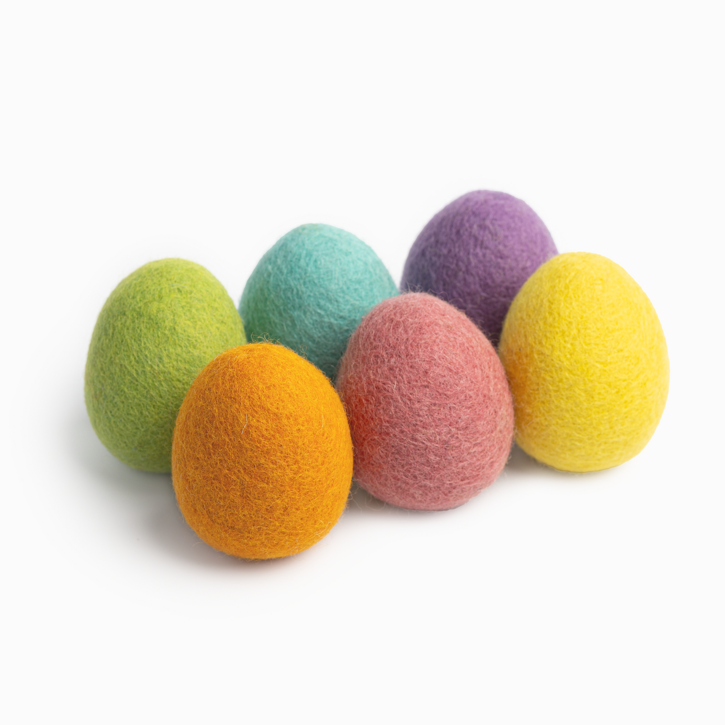 Set of six felt Easter eggs in green, orange, light blue, pink, purple, and yellow.