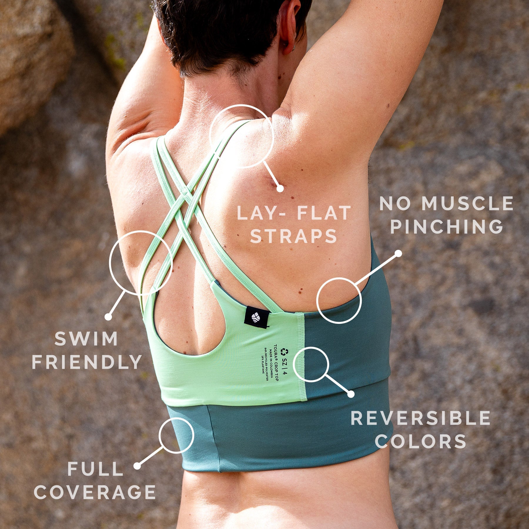Closeup back view of toura crop top in light and dark green with details listed as Lay-flat straps, no muscle pinching, reversible colors, swim friendly, and full coverage.