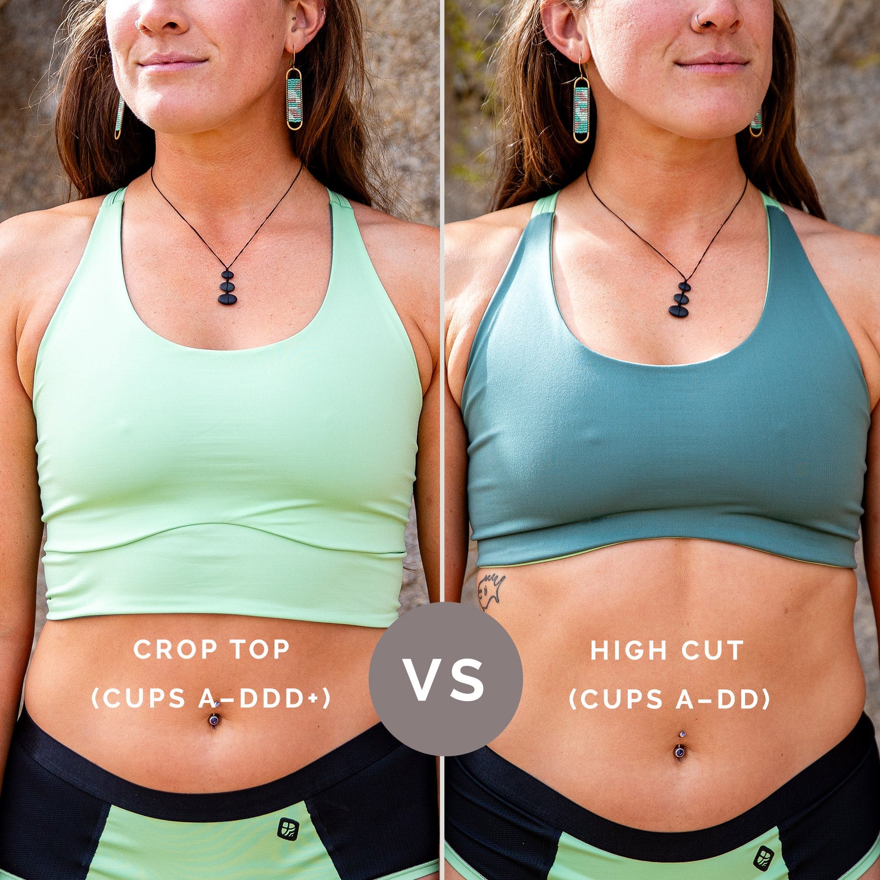 Two images of same woman.  First image of crop top cups A-DDD sports bra in light green.  Second image of woman wearing high cut cups A-DD sports bra both in dark green.  Bottoms shown are black and green.